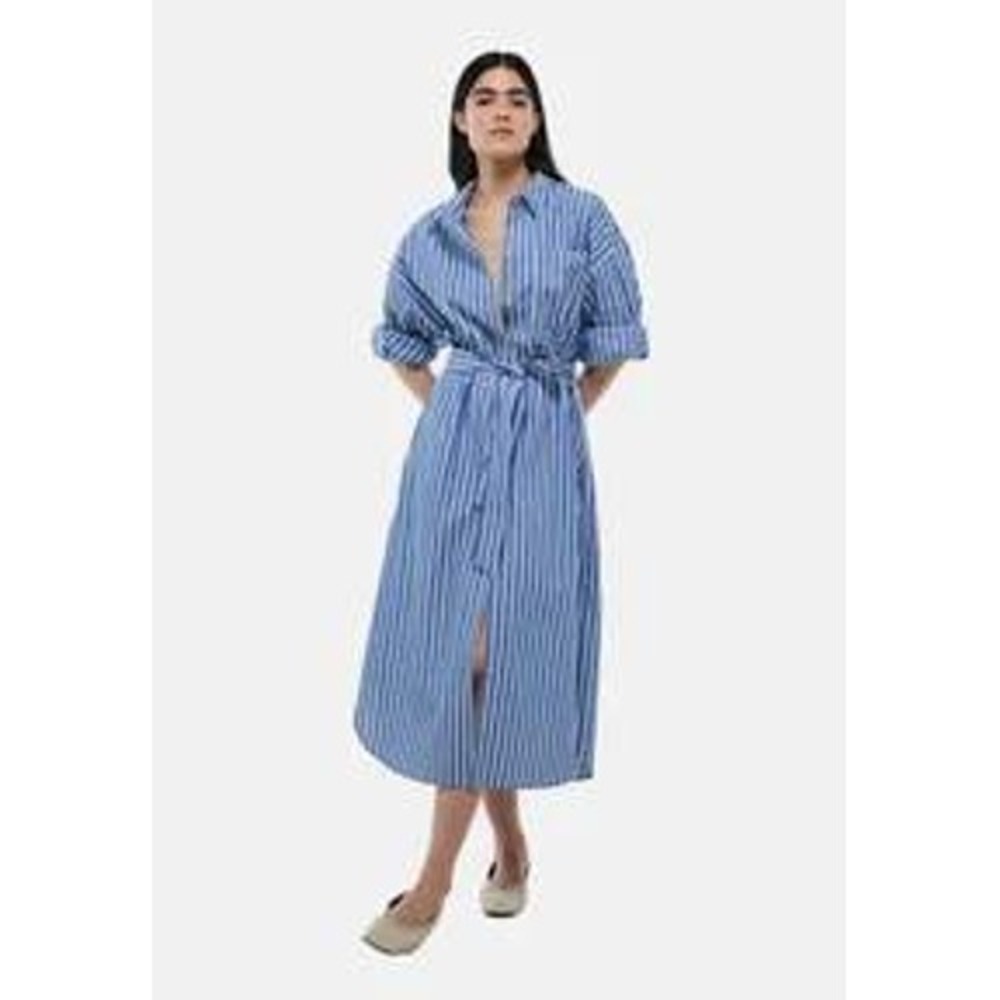 Monoprix Striped Belted Cotton Midi Shirt Dress XS Business Parisian